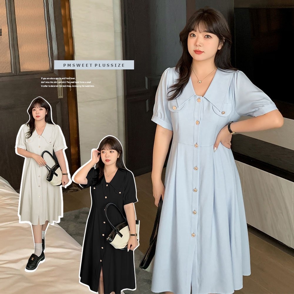 [ 🔥อกถึง 50" ] : PMP2380 : พรีออเดอร์ เสื้อผ้าไซส์ใหญ่ ชุดเดรสคอปกคนอ้วน สาวอวบ เดรสสีพื้น