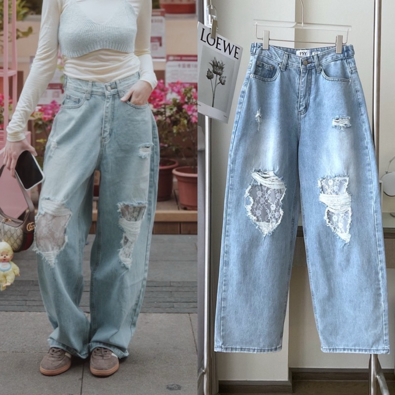 กางเกงยีนส์ขาดแต่งลูกไม้ งานป้าย fsy