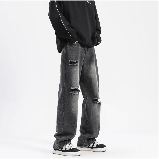 🌞U.mi.🌞 ฉีกกางเกงยีนส์ ทรงตรง ใส่สบาย เสริมบุคลิก กางเกงยีนส์ผู้ชาย สไตล์อเมริกัน ทรงสวย สไตล์วินเทจเกาหลี - รูปที่ 5