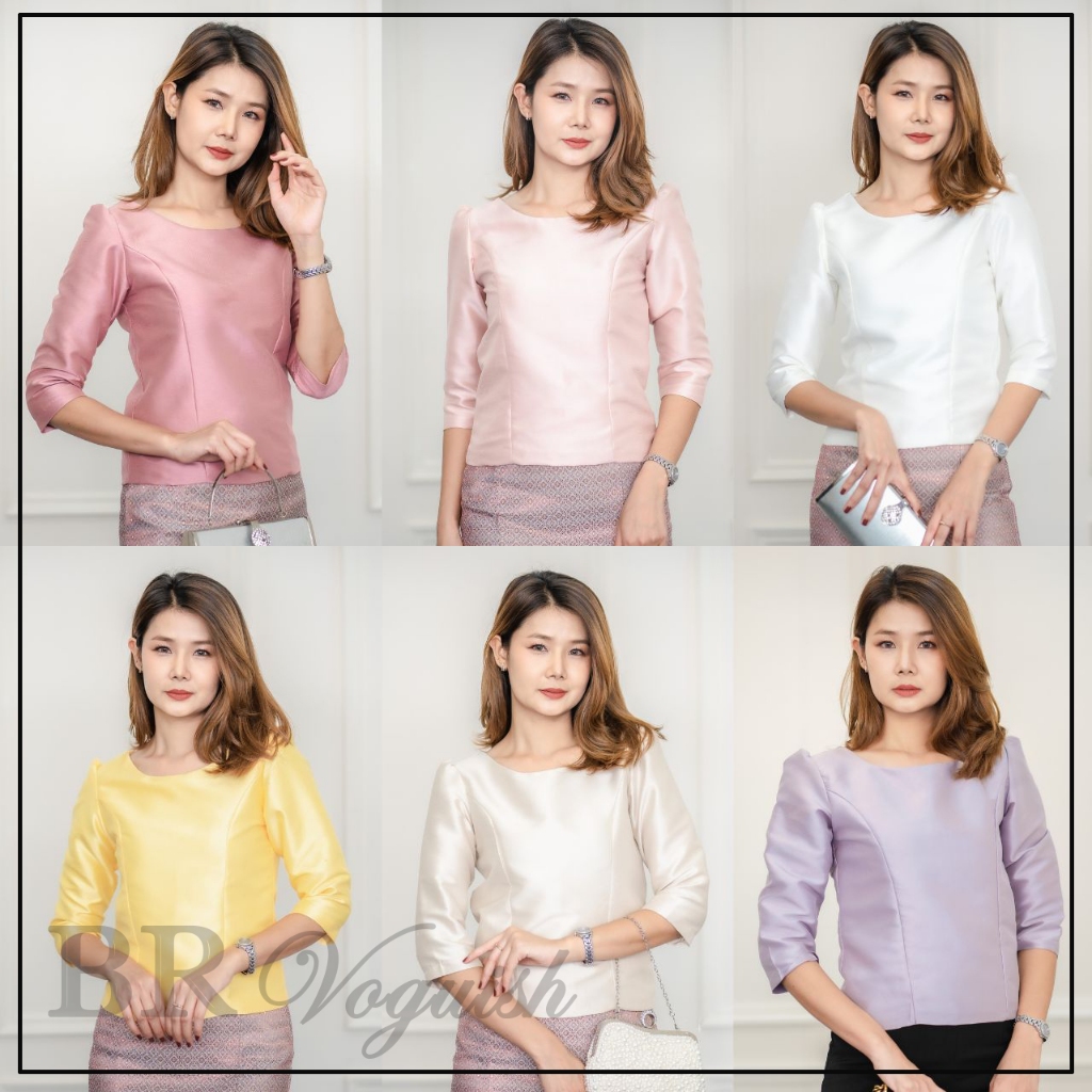 เสื้อไหมอิตาลีแขนสามส่วน คอกลม ไหมอิตาลี ใส่ทำบุญ งานบวช BR Voguish