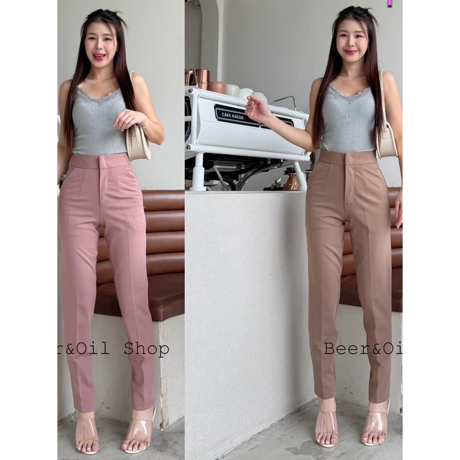 B0013  Beer&Oil กางเกงขายาวเอวสูงตะขอหน้า10ส่วน ผ้าโรเชฟ ซิปหน้ามีกระเป๋า2ข้างใช้งานได้จริง