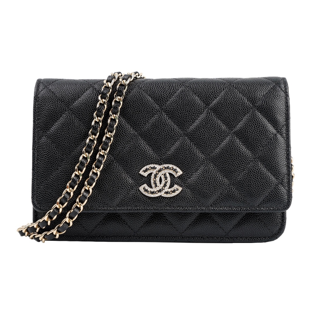 Chanel/WOC กระเป๋าใส่เหรียญหนังลูกวัวแบบมีฝาปิด ประดับเข็มกลัดเพชร ทรงแมสเซนเจอร์/สะพายข้าง/แท้ 100%