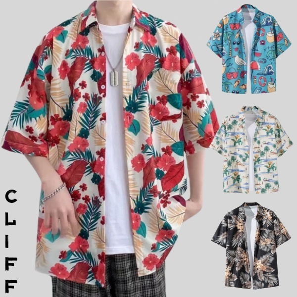 CLIFF เสื้อเชิ้ตผู้ชาย สไตล์รีสอร์ท สไตล์ชายหาด การออกแบบดั้งเดิม Floral Casual