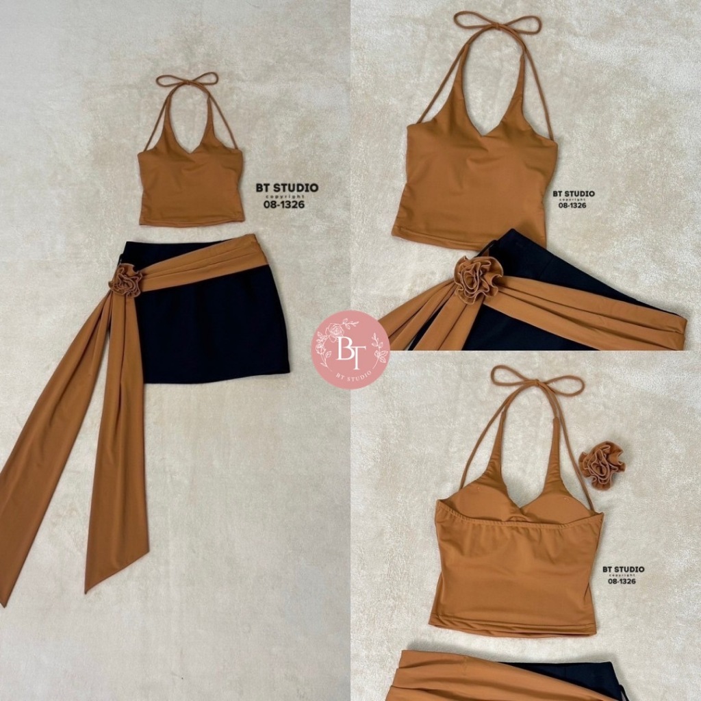 BT 08-1326 เซท 3 ชิ้น เสื้อครอปสั้นคล้องคอ ผูกโบด้านหลัง อกเสริมฟองน้ำ มาพร้อมกระโปรงสั้นสีดำแต่งแทบ