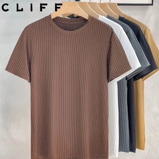 CLIFF ฤดูร้อน ผ้าไหมน้ำแข็ง ลายทาง แขนสั้น ผู้ชาย สไตล์เกาหลี เข้ารูป เสื้อยืด สีล้วน