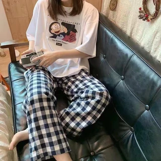 (พร้อมส่งจากไทย) ชุดนอนผู้หญิงสไตล์เกาหลี แบบแขนสั้นขายาว ผ้าคอตตอนสแปนเด็กซ์ ลายการ์ตูน