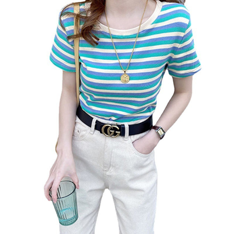 FASHION.61  เสื้อยืด คอกลม แขนสั้น ผ้าฝ้าย ลายริ้ว แฟชั่น สําหรับผู้หญิง รุ่น WB16