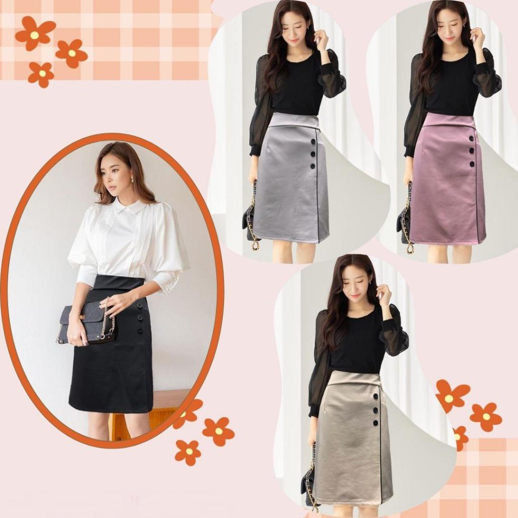 *พร้อมส่ง* R90  กระโปรงผ้าโรเซฟ ทรงเอ ผ่าหน้า แต่งกระดุม ยาว 21.5-22.5 นิ้ว ไซส์ S-5XL ผ้ายืด ไม่ต้องรีด