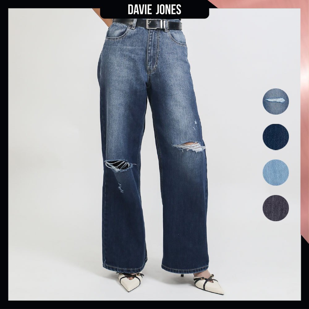 DAVIE JONES กางเกงยีนส์ ผู้หญิง Wide Leg Fit Women Jeans WL0001 สีกรม น้ำเงิน ฟ้า กรมเข้ม