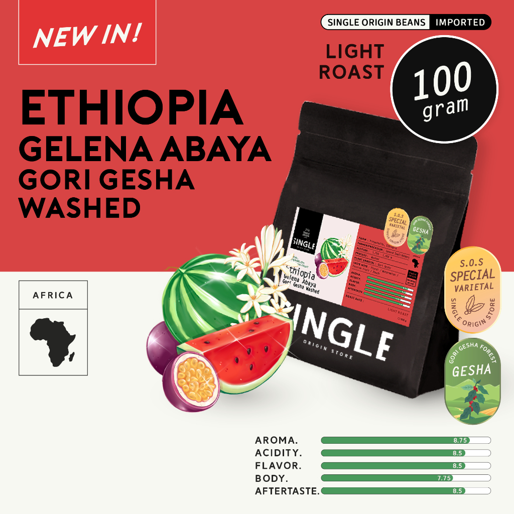 เมล็ดกาแฟคั่วอ่อน Ethiopia Gelena Abaya Gori Gesha Washed (Specialty Coffee)