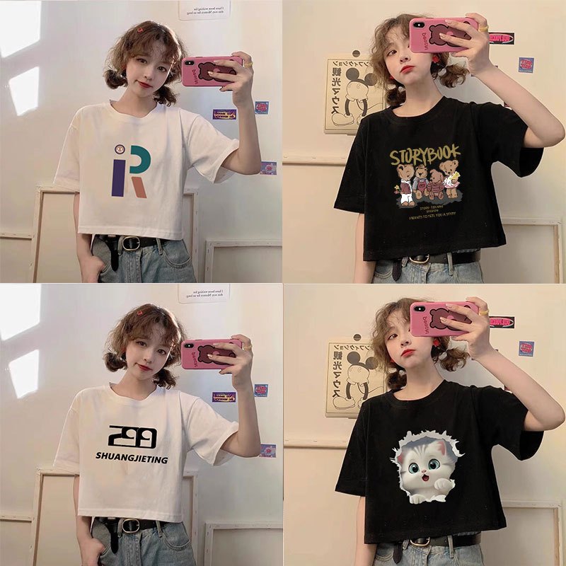 เสื้อครอปน่ารักสไตล์เกาหลี อก50 oversize เสื้อผ้าสาวอวบไซส์ใหญ่ ลายการ์ตูน เสื้อยืดผู้หญิงแขนสั้นแบบหลวม แฟชั่นมาใหม่สวย