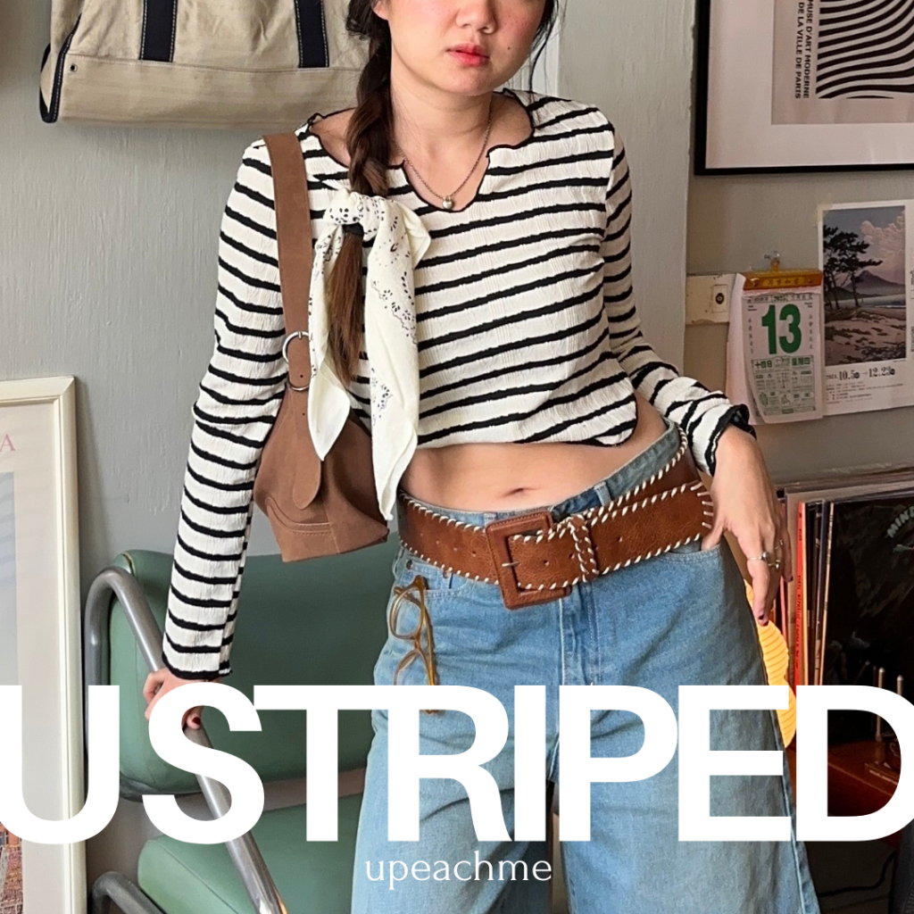 upeachme(A16) U Striped Top เสื้อแขนยาวลายทางคอยู ขนาดพอดีตัว ผ้ายืดได้เยอะ เสื้อยืดแขนยาวพอดีตัว