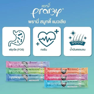 Pramy smoothies สมูทตี้ ขนมแมวเลียพรามี่ ผลิตจากเนื้อปลาทูน่าและเนื้อไก่แท้ แพ็ค 14g x4ชิ้น