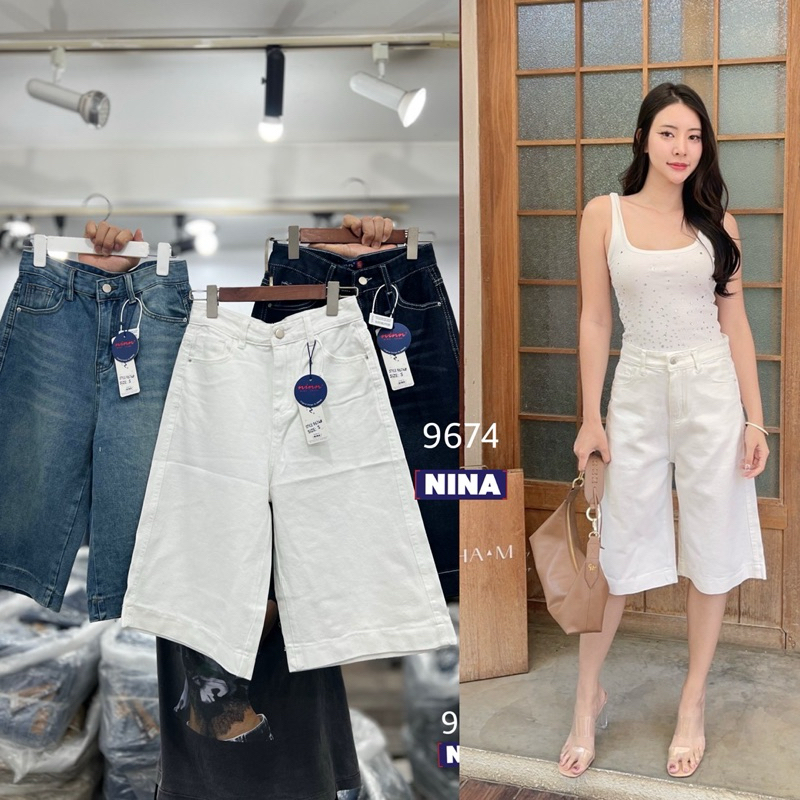 👖NN-ST🌟#9674 งานกางเกงยีนส์ขา 5 ส่วน งานผ้าไม่ยืด เอวสูง ปลายขาเย็บเก็บงานเรียบๆทรงสวย