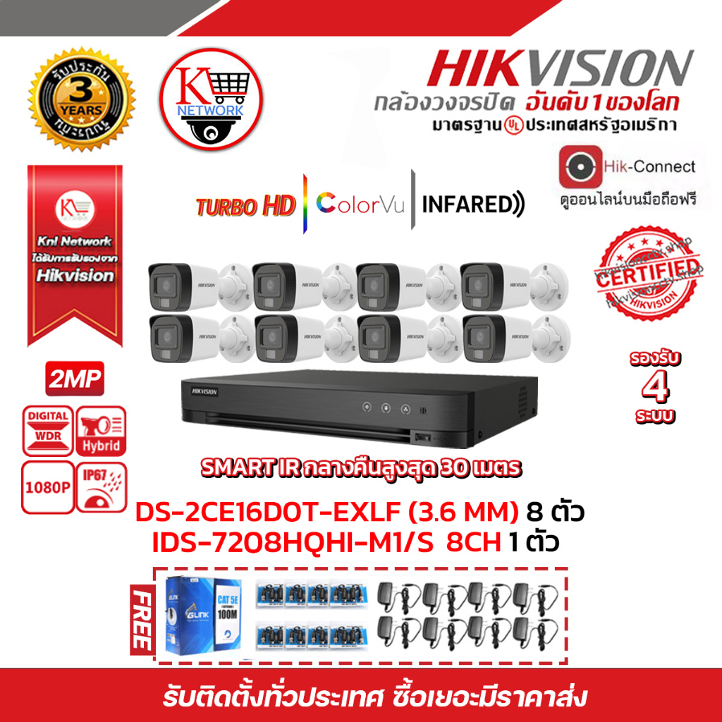 HIVISION DS-7208HQHI-M1/S DS-2CE16D0T-EXLF(8PACK) UTP cat5a 100m+Balun HD202P 8ชิ้น+ADAPTOR 1A 8ชิ้น