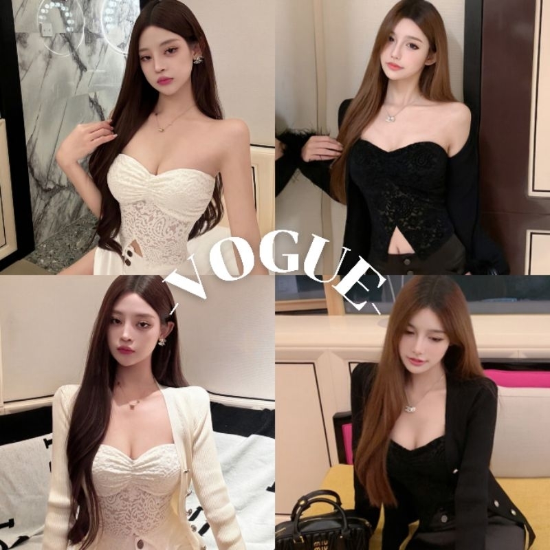 Vogue🌟พร้อมส่ง🌟 เสื้อเกาะอก ผ้าไหมพรม ดีเทลแต่งลูกไม้ เรียบหรู (Y0915)