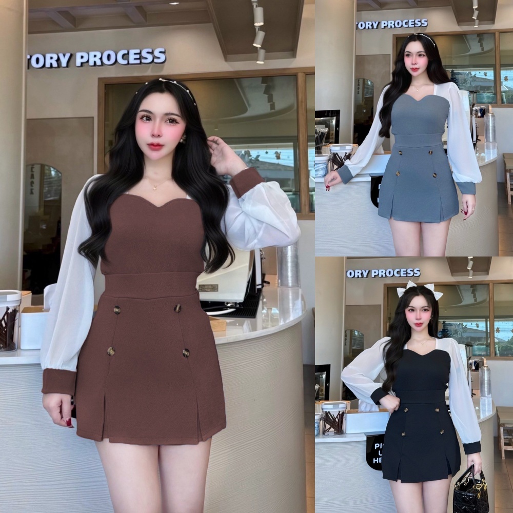 สินค้าพร้อมส่ง ชุดเซตผ้าวูลเวฟ เสื้อแขนยาวผ้าซีฟองอกทรงหัวใจ+กางเกงกระโปรงแต่งกระดุมไม้  A2083