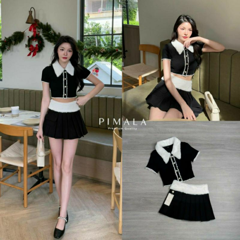 (XS-L)  PIMALA 📣พร้อมส่งเซ็ทเสื้อคอปกขนเฟอร์สีขาวกระดุมหน้าขอบเฟอร์ขาว+กระโปรงสีดำขนเฟอร์ขาวมีกระเป๋าหน้าด้านในกางเกง