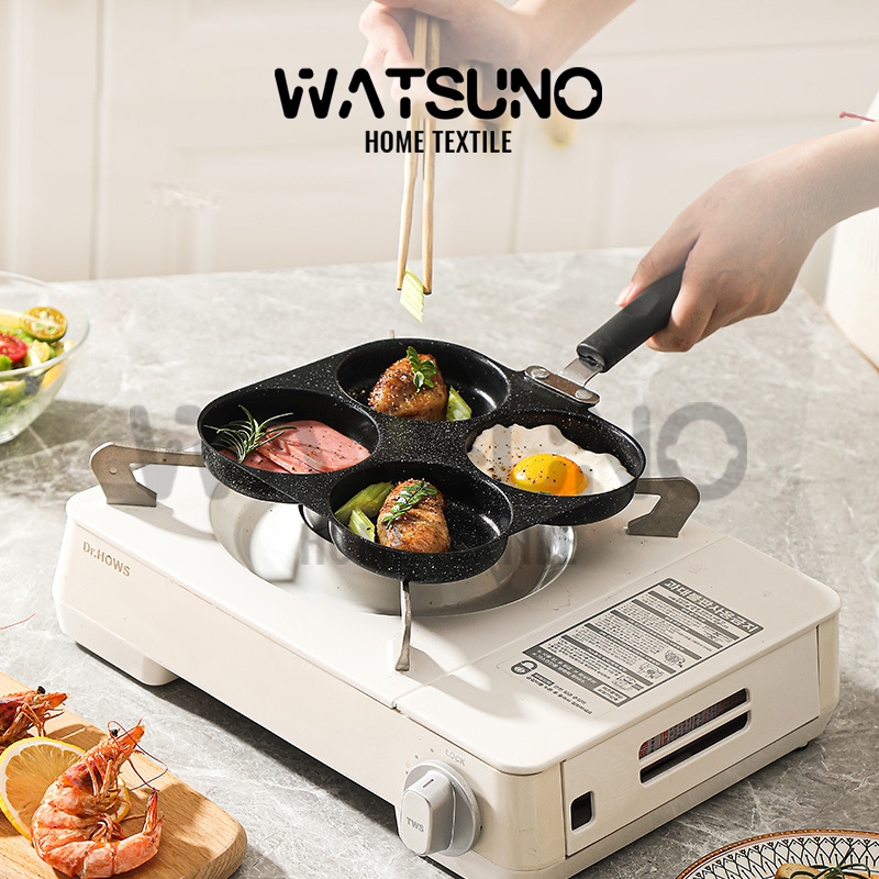 Watsuno.กระทะทอด 4 หลุม เคลือบเทฟล่อน ทอดไข่ดาว ทอดง่าย ไม่ติดกระทะ กทำไส้เบอร์เกอร์ ใช้ได้กับเตาทุกชนิด
