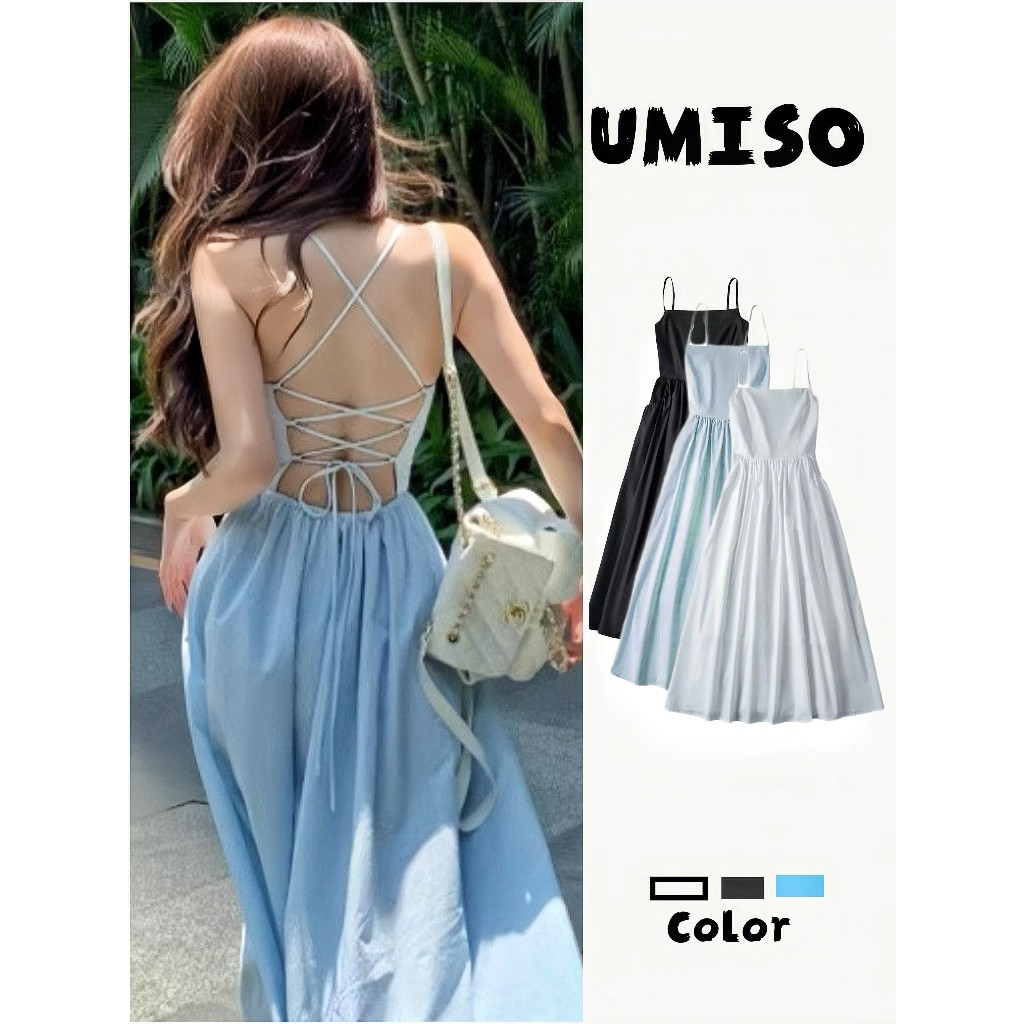 UMISOพร้อมส่ง เดรสออกงาน สายเดี่ยว เปิดหลัง ชุดเดรสผู้หญิง ผูกเชือกด้านหน้า ด้านหลัง สไตล์หรูหรา