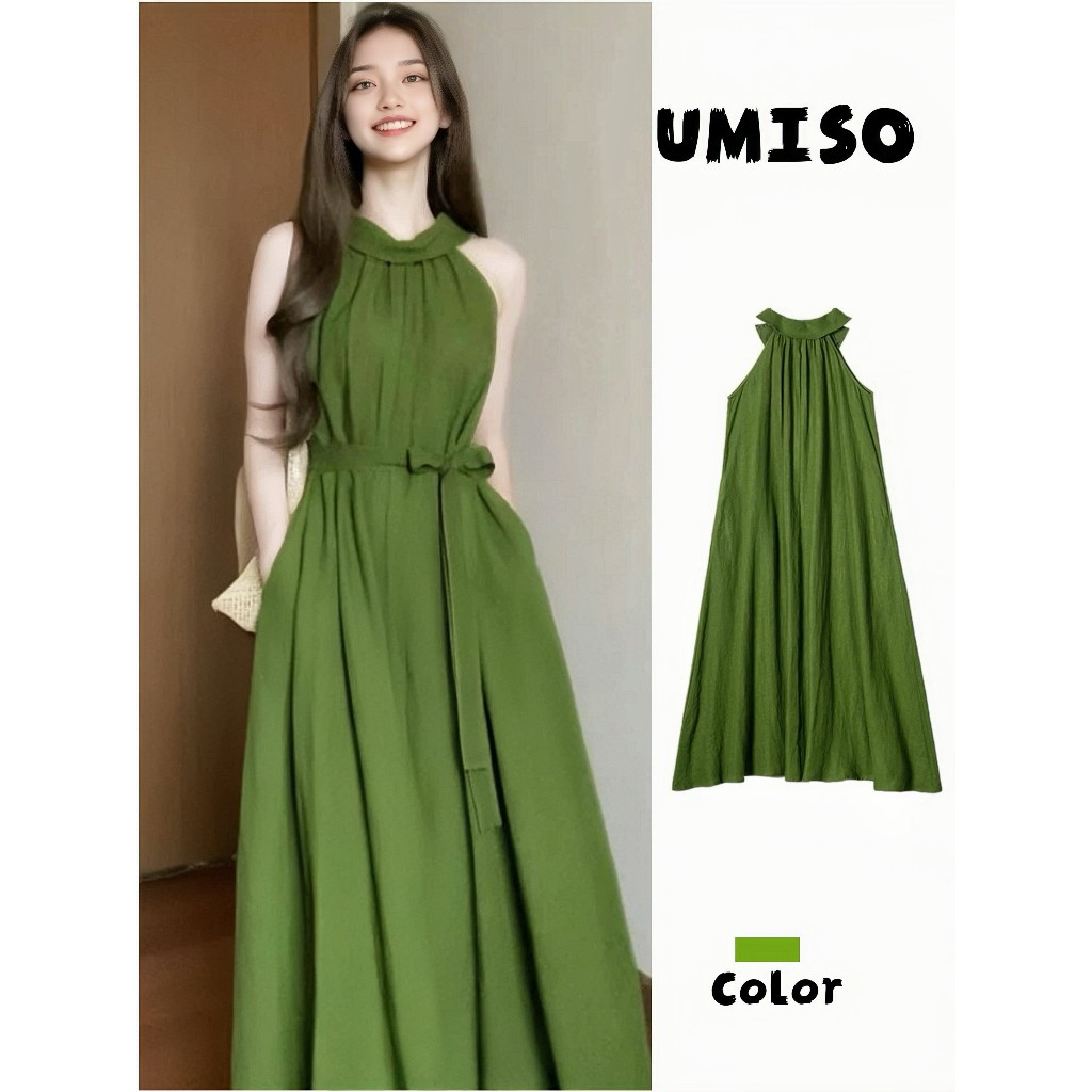 UMISOเดรสออกงาน ชุดเดรสยาว  สีพื้น สไตล์ลำลอง ชุดเดรสสไตล์เกาหลีเรียบง่าย กระโปรงสายเดี่ยวทรงเอเปิดไหล่