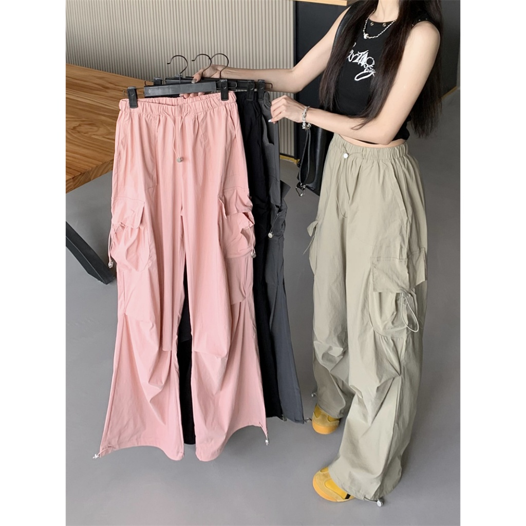 พร้อมส่งจากกทม✨กางเกงคาร์โก้ผู้หญิง กางเกงเอวสูง กางเกงลำลอง ปลายขามีสายเชือก เอวยืดเยอ