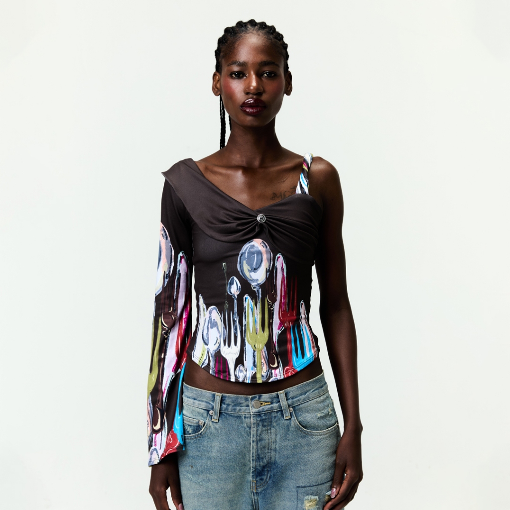 BLACKDOG BKK - SS2517 - Tableware one shoulder  - เสื้อผ้ายืดพิมพ์ลายไหล่เดี่ยว