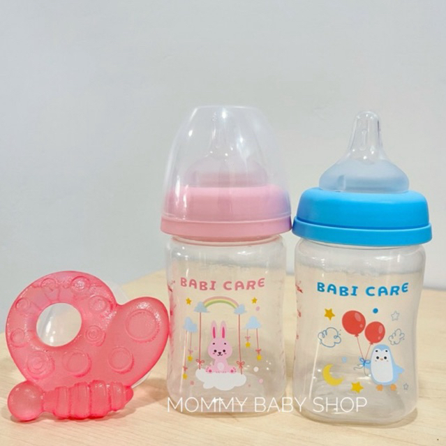 Babi Care ขวดนมคอกว้าง คอแคบ PP แพค 2 ขวด แถมยางกัดน้ำ พร้อมจุกไม่ดูดไม่ไหล