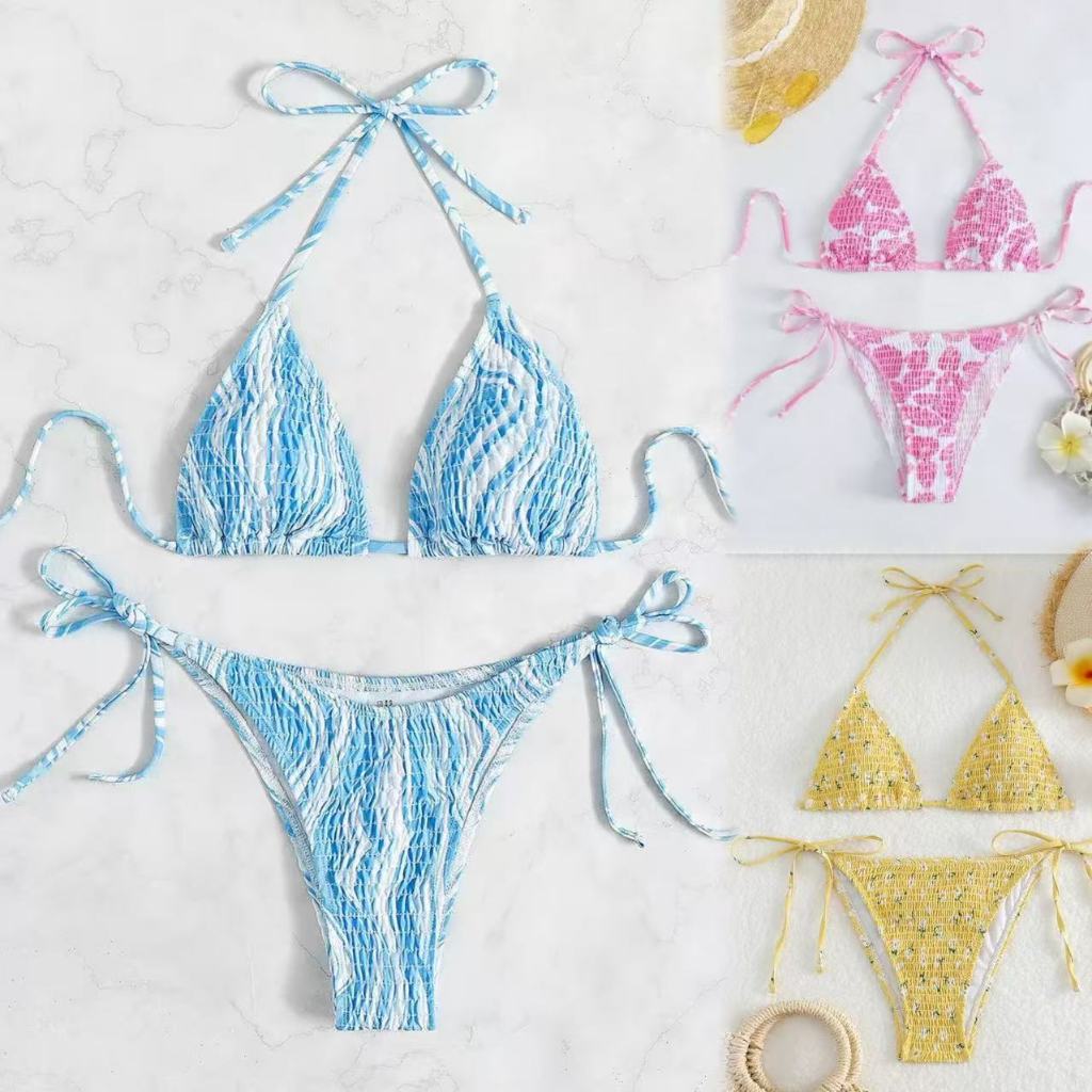 🌸Swift Bra🌸บิกินี่ 2 ชิ้น ชุดว่ายน้ำผู้หญิง พิมพ์ลาย ผ้าจีบ แฟชั่น รูปแบบใหม่ คุณภาพดี