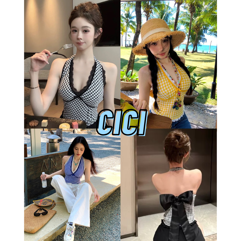 ส่งทันที Cici(NO. Y6221) เสื้อคล้องคอติดกระดุม สม็อคหลังแหวกหน้า ผูกโบว์ด้านหลัง สีสันสดใส สไตล์หน้าร้อน