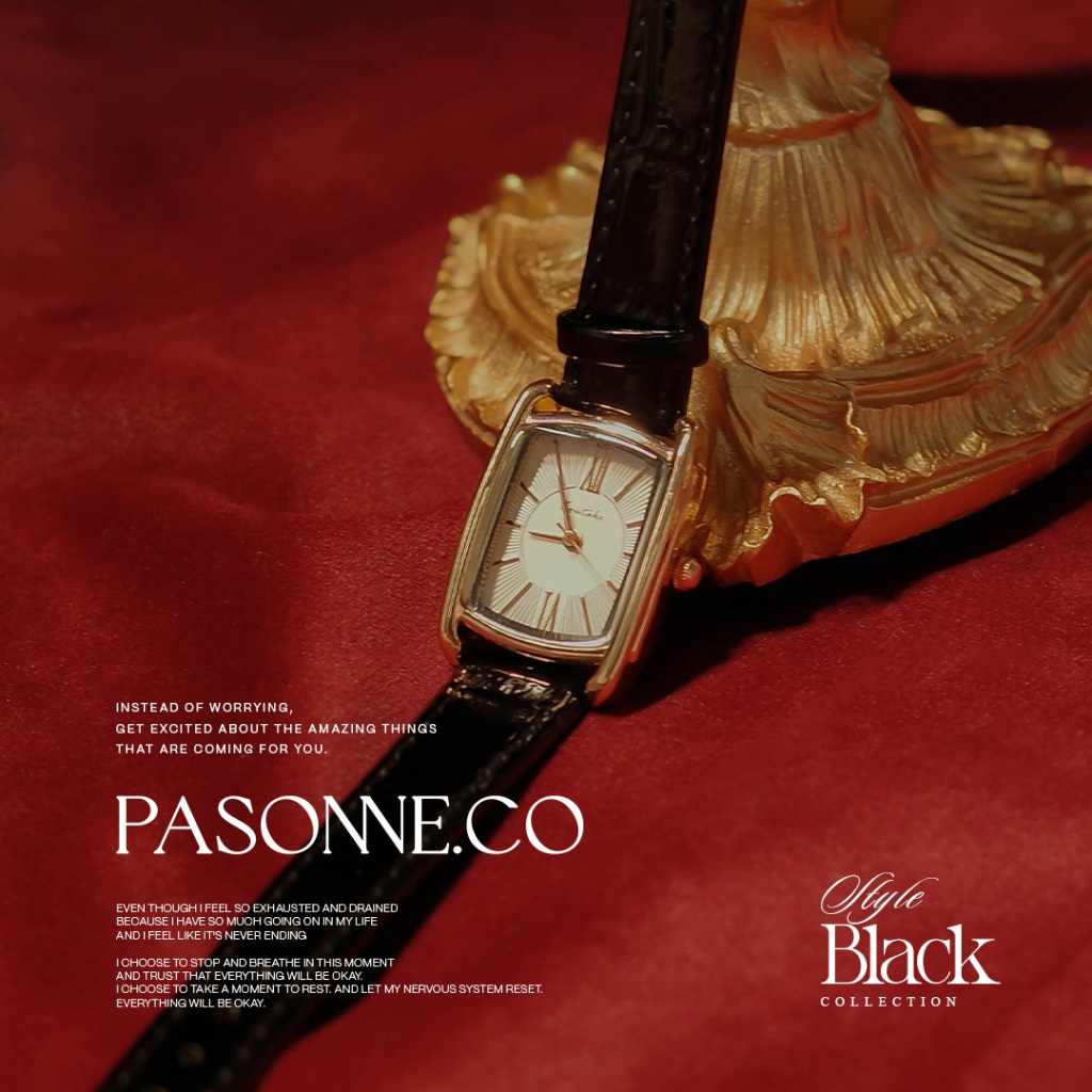 pasonne.co นาฬิกาข้อมือ รุ่น amable ขอบหน้าปัดสีโรสโกล สายลายหนังสีน้ำตาลแดงเข้ม