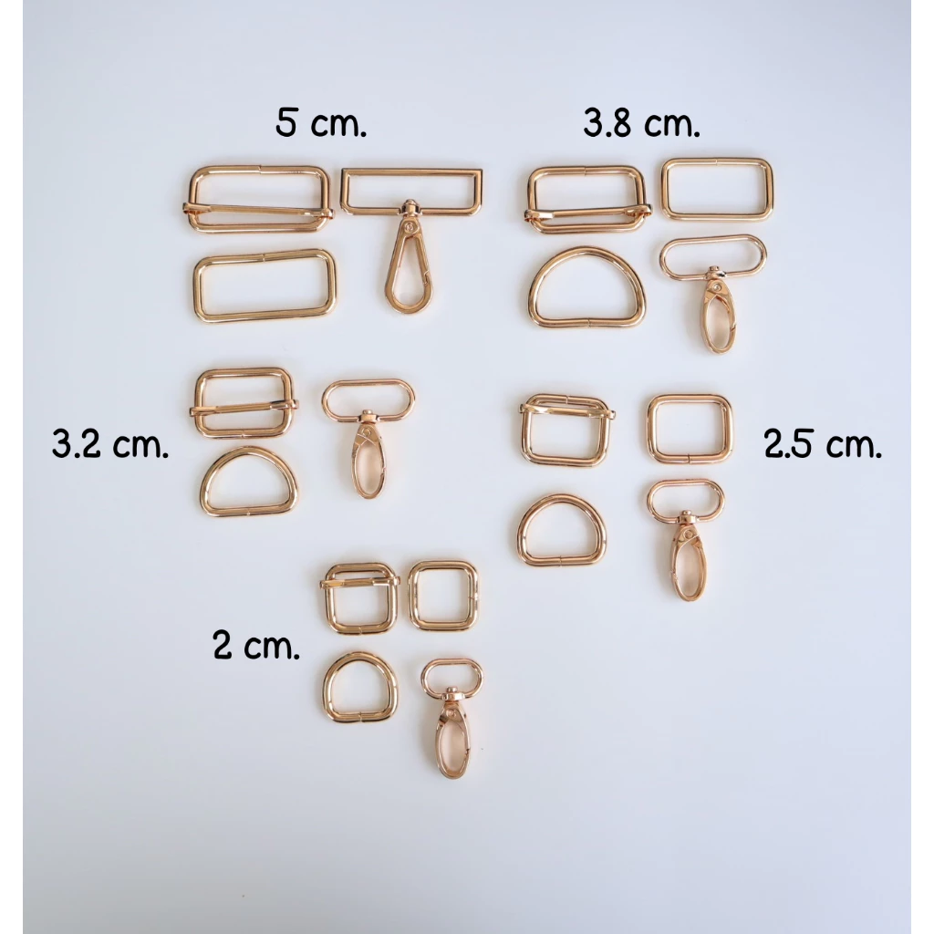 5cm. 3.8cm. 3.2cm. 2.5cm. 2cm. ห่วงเหลี่ยม ห่วงปรับสาย ห่วงตัว D ตะขอก้ามปู อะไหล่กระเป๋า สีทอง