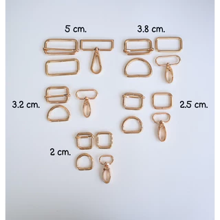 5cm. 3.8cm. 3.2cm. 2.5cm. 2cm. ห่วงเหลี่ยม ห่วงปรับสาย ห่วงตัว D ตะขอก้ามปู อะไหล่กระเป๋า สีทอง