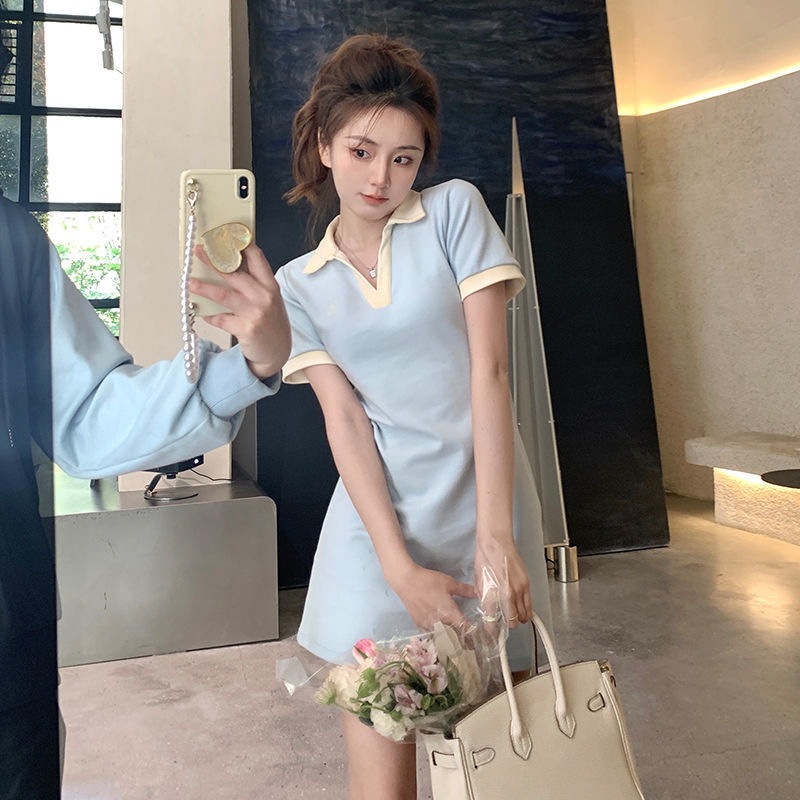 ชุดน่ารักใส่ไปคาเฟ่!! Free size Dress7684  ชุดเดรสคอปกโปโล บล็อกสีกระโปรงแขนสั้นทรงเข้ารูปสำหรับผู้หญิง 2สี ฟ้า,ขาว
