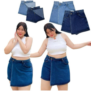 #กางเกงกระโปรงป้ายหน้าผ้ายีนไม่ยืด#เอว34-42#บิก๊ไซส์ สาวอวบ