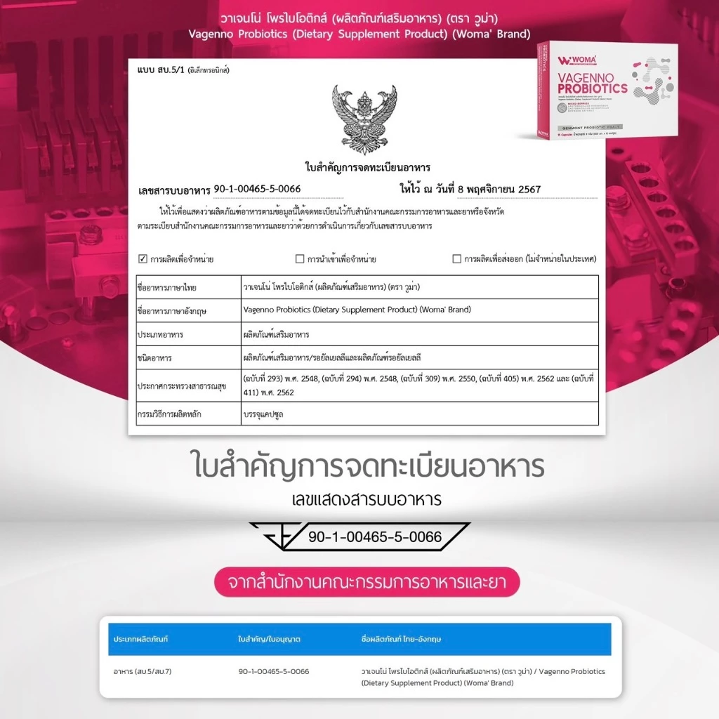 วูม่า วาเจนโน่ โพรไบโอติกส์ (ผลิตภัณฑ์เสริมอาหาร) (ตรา วูม่า) Vagenno Probiotics (Dietary Supplement Product) (Woma' Bra thumbnail 7