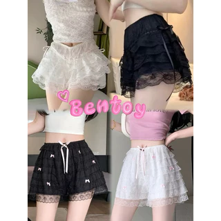 Bentoy​(LACE01/02)กางเกงเลกกิ้ง ลูกไม้ขาสั้น เอวสม็อค แต่งลายคลื่นเป็นชั้นๆ ผ้าซีทรูสลับตะข่าย ตัดขอบ เซ็กซี่ใส่สบาย