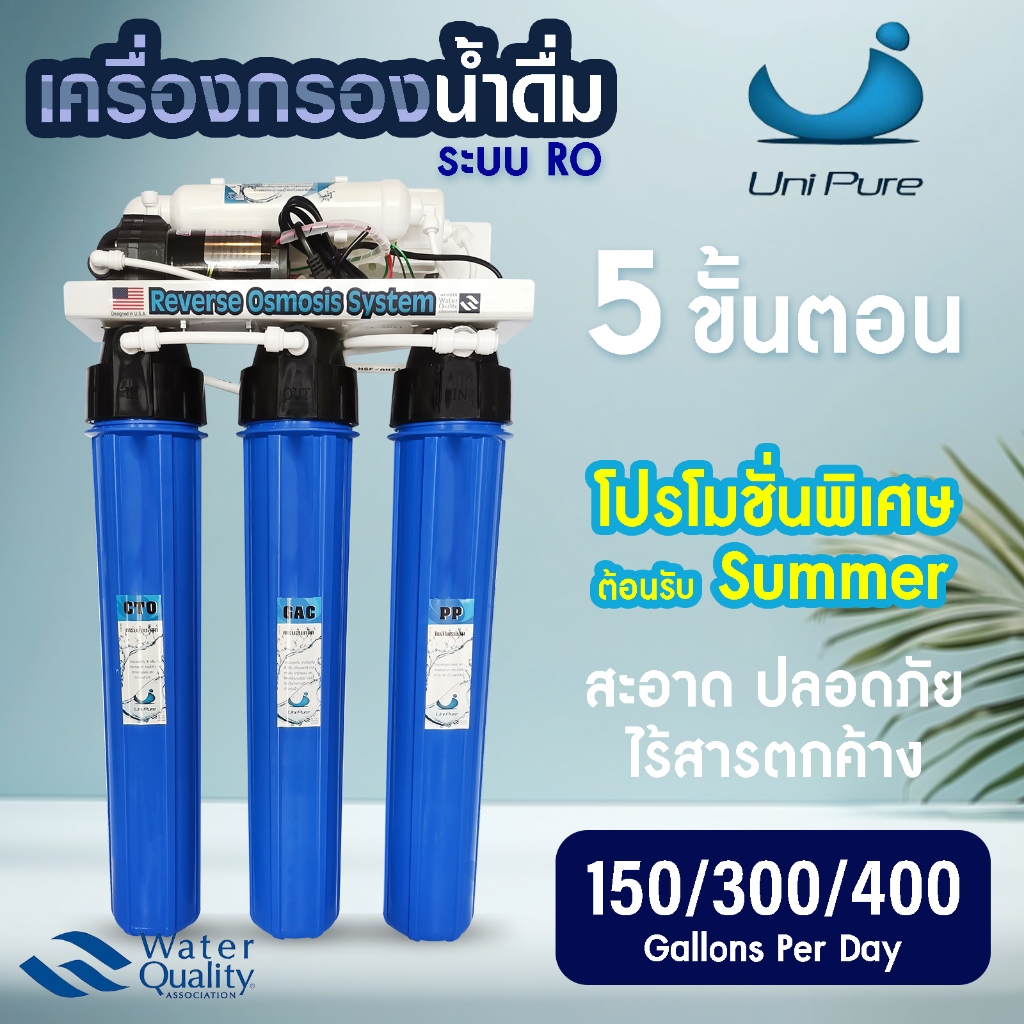 เครื่องกรองน้ำดื่ม RO 20" 5 ขั้นตอน Uni pure 150 300 400 GPD กำลังการผลิต 500-1,100 ลิตร Fast Pure