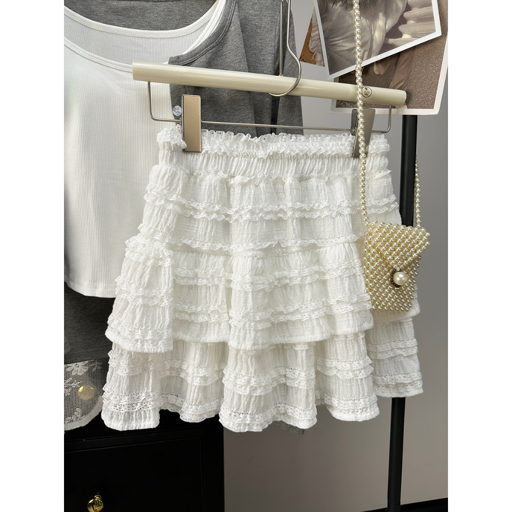 พร้อมส่งจากกทม Miniyiness กระโปรงลูกไม้ระบาย2ชั้น มีซับในกางเกง 2025 กระโปรงบัลเล่ต์ เอวสูงเข้ารูป สไตล์เวียดนาม - รูปที่ 4