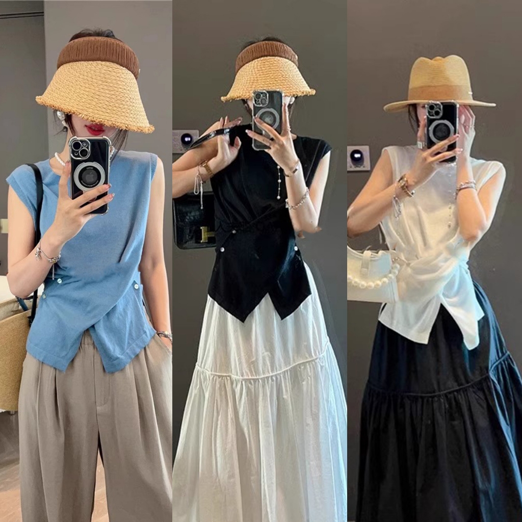 🌻Grace🌻 เสื้อยืดสตรีแขนกุดคอกลม Chic ผ้าไหมน้ำแข็งสไตล์บางข้ามผิดปกติ เข้ารูปพอดีตัวและสวมใส่สบายH057