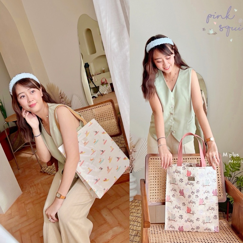 กระเป๋าหิ้ว/สะพายบ่า KEPT [ขนาด M] มีช่องใส่ของและกระดุม (สายหนังPU) ทรงแนวตั้ง ใส่แฟ้ม A4ได้