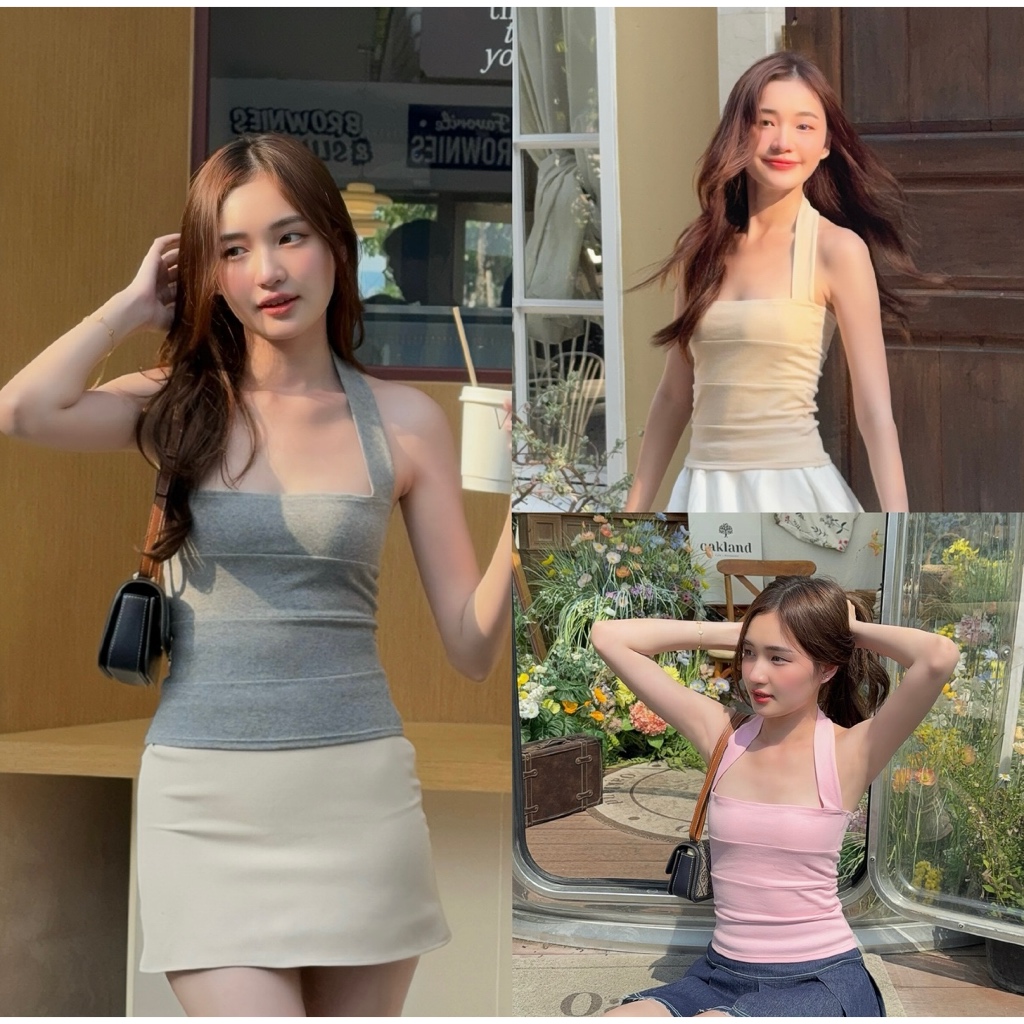Solene Top-เสื้อเกาะอกคล้องคอเข้ารูป ฟิลลูกคุณเอวสับเรียบๆแต่ดูแพง ทรงสวยมาก ผ้าหนาไม่บาง