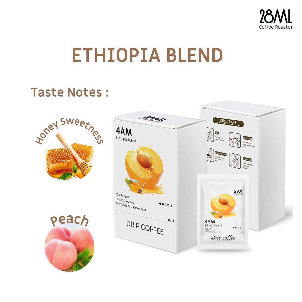 กาแฟดริป คั่วอ่อน  28ml Ethiopia Blend หอมพีช กลิ่นน้ำผึ้ง | Drip Bag Coffee อาราบิก้า 100% 12g x 5 