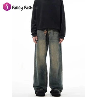 Fancy กางเกงยีนส์กระบอกใหญ่ กระบอกลิซ่า ยีนส์สนิมเขียวฟอก M-3XL