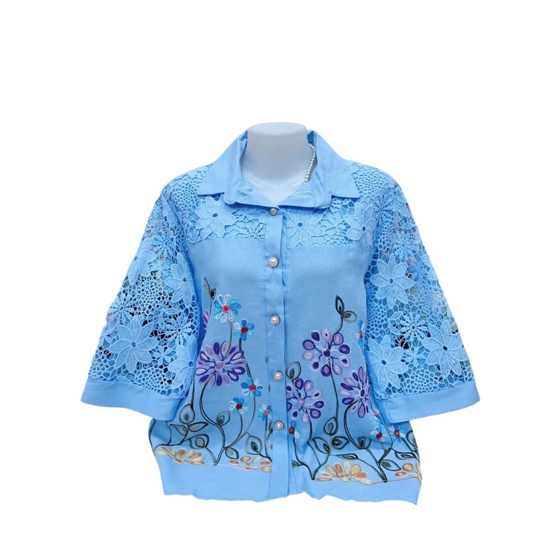 เสื้อลูกไม้ผ้าลินินงานปักรายดอกไม้ผ้านิ่มใส่สบาย#906