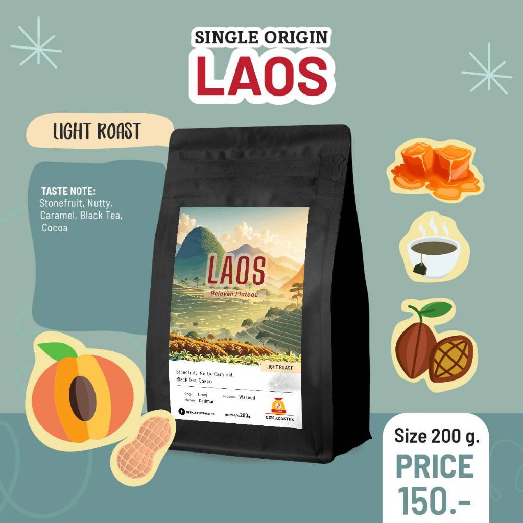 เมล็ดกาแฟลาวคั่วอ่อน Laos Boloven Light Roast 200กรัม 150 บาท มีความ คราราเมล ถั่ว เปรี้ยวเล็กน้อย Process Wash