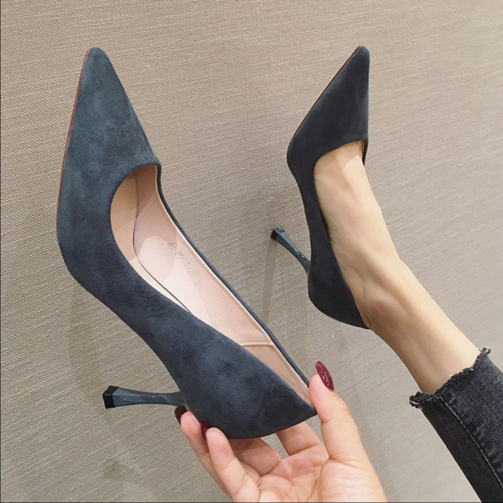 พร้อมส่ง 🍑 33-43。 📏 ขนาดพลัส 👠 หนังกลับหัวแหลม รองเท้าส้นสูงสไตล์เกาหลีที่หรูหรา - รูปที่ 2