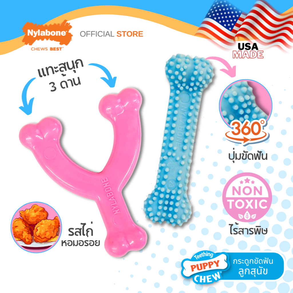 Nylabone Puppy Chew Wishbone/Teething Bone กระดูกขัดฟันลูกสุนัขฟันกำลังขึ้น รสไก่ ไร้สารพิษ Dog Toy
