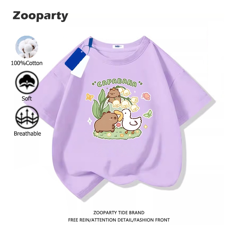 Capybara2025 เสื้อยืดเด็ก น่ารัก การ์ตูน คาปิบาลา เสื้อยืดเด็กผู้หญิง 100% cotton ระบายอากาศได้ ใส่สบาย ไม่หด มี 6 สี