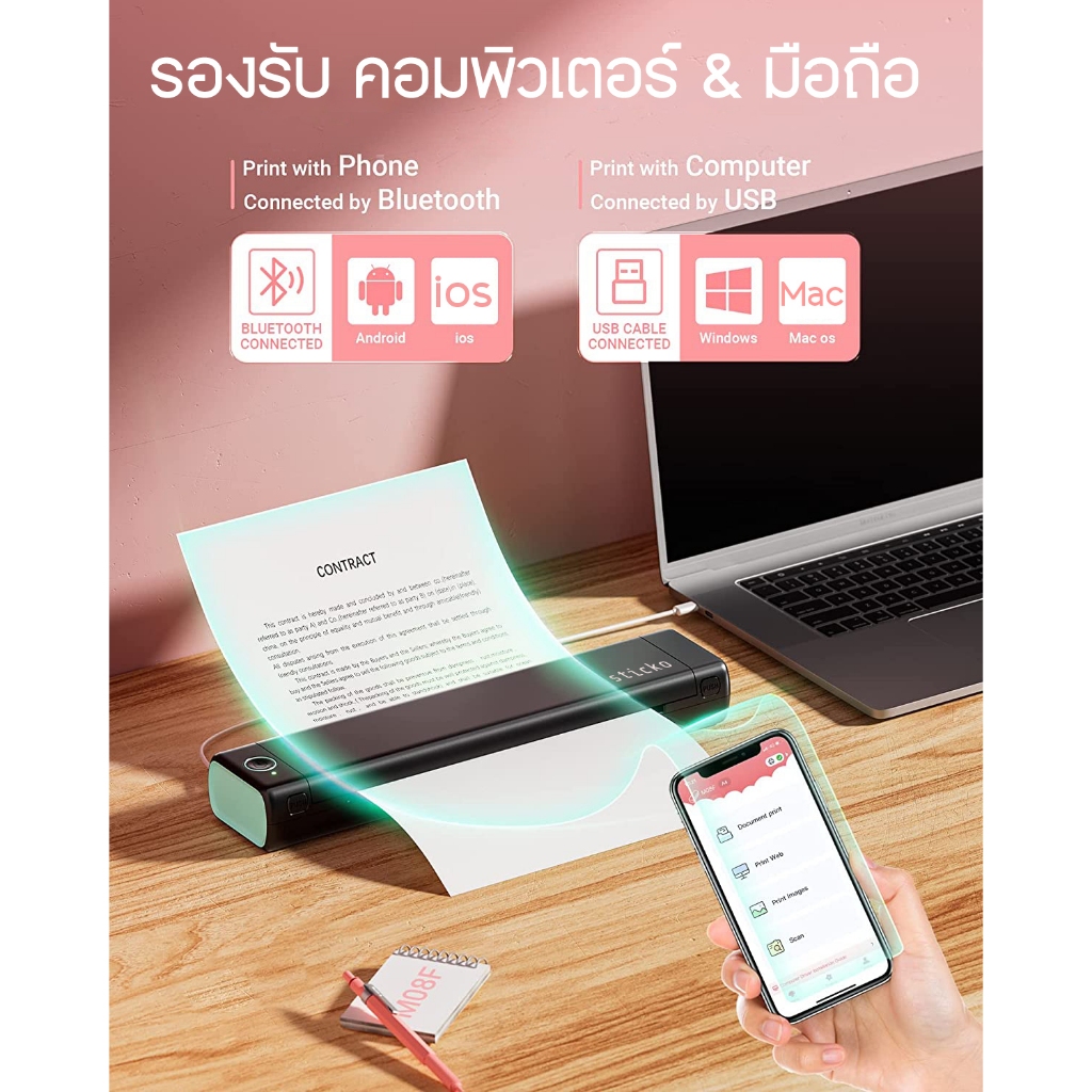 sticko M08F เครื่องปริ้นความร้อน A4 แบบพกพา ไร้สาย ไม่ต้องเติมหมึก A4 Mini Printer